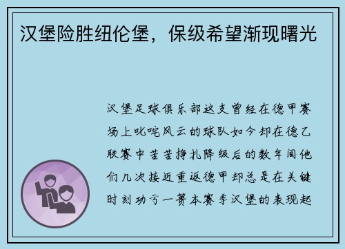汉堡险胜纽伦堡，保级希望渐现曙光