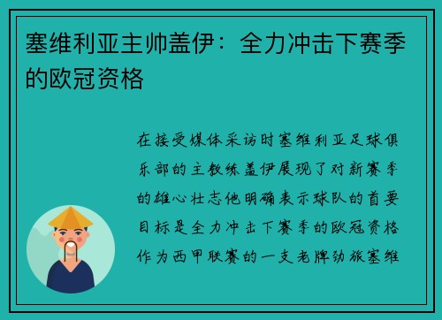 塞维利亚主帅盖伊：全力冲击下赛季的欧冠资格