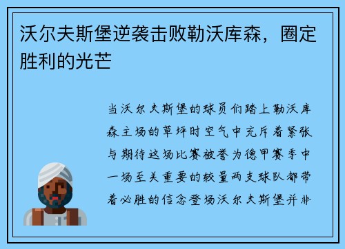 沃尔夫斯堡逆袭击败勒沃库森，圈定胜利的光芒