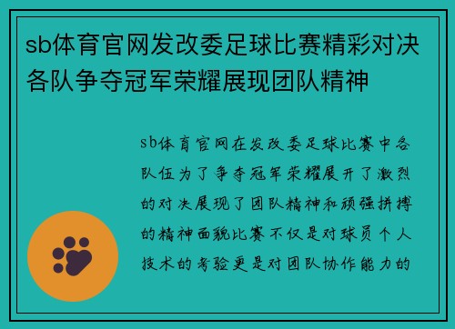 sb体育官网发改委足球比赛精彩对决各队争夺冠军荣耀展现团队精神