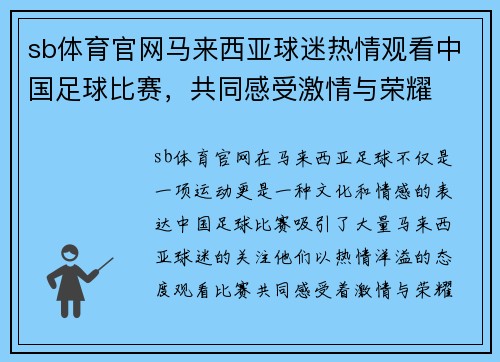 sb体育官网马来西亚球迷热情观看中国足球比赛，共同感受激情与荣耀