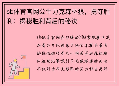 sb体育官网公牛力克森林狼，勇夺胜利：揭秘胜利背后的秘诀