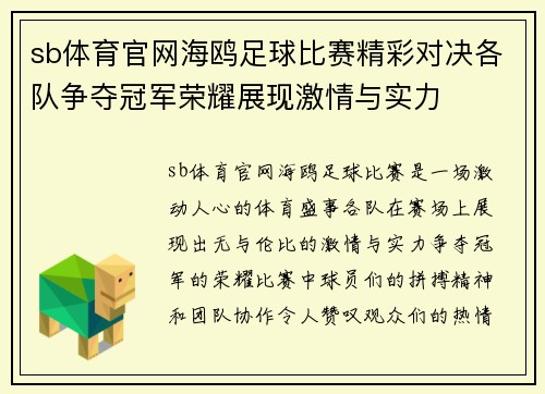 sb体育官网海鸥足球比赛精彩对决各队争夺冠军荣耀展现激情与实力