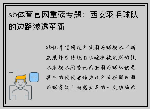 sb体育官网重磅专题：西安羽毛球队的边路渗透革新