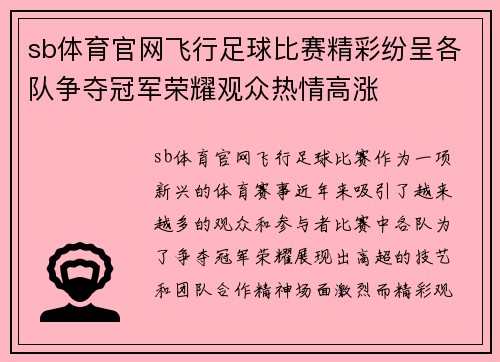 sb体育官网飞行足球比赛精彩纷呈各队争夺冠军荣耀观众热情高涨