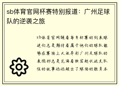 sb体育官网杯赛特别报道：广州足球队的逆袭之旅