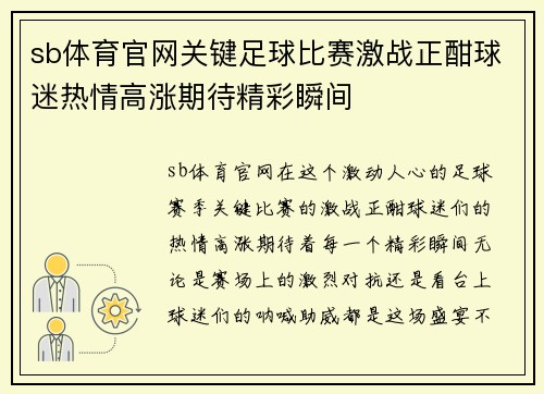 sb体育官网关键足球比赛激战正酣球迷热情高涨期待精彩瞬间